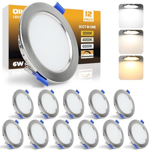 Qingmiao LED Recessed Ceiling Lights, 6W Ultra Slim LED Downlights, Warm White 3000K Neutral White 4000K Cool White 6000K, IP44 Dimmable Spotlights for Bathroom Kitchen Living Room,Silver 12 Pack