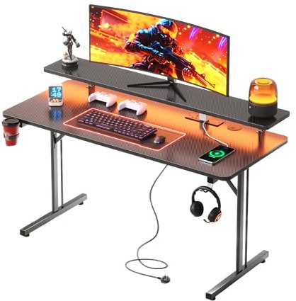 CAIYUN Gaming Desk with LED & Power Outlets, 100 x 50 cm Computer Desk with Full Monitor Stand, Carbon Fiber Gaming Table for Home Office, Metal Frame, Black