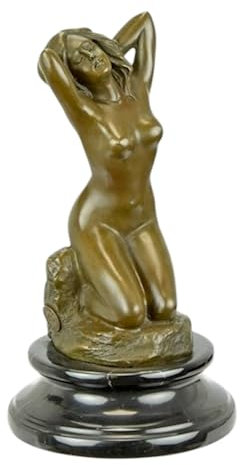 Statua femminile inginocchiata con capelli in vero bronzo su base in marmo - 21,1 cm - Arte figurativa fatta a mano