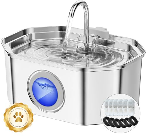 APAUK Cat water Fountain for Drinking, 3.2L Cat Water Fountain Stainless Steel, Automatic cat fountain Bowl,Quiet pet Water Dispenser with Water Level Window (6 Filters&6 Sponges)