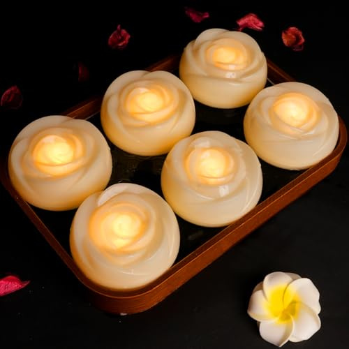 Trulloyoo 6 Piezas de Velas Flotantes Blancas Grandes, Duración Individual de 120 Horas, Diámetro 7mm, LED en Forma de Flor, Impermeable, Vela Flotante de Luz Cálida en Blanco para Decoración
