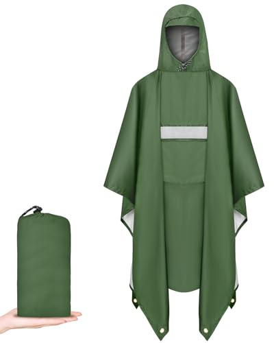 Vicloon Poncho Vattentät Vuxen Lätt Återanvändbar Regnrock med Huva Dragkedja Bärbar 3-i-1 Multifunktionell Regnrock för Camping, Nödvandring Utomhusaktiviteter,Dragkedja, En storlek