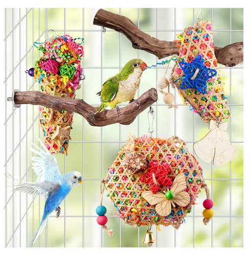 Matutinus Bird Toys, Parakeet Foraging Toys, Hanging Chewing Toys with Natural Wooden Perches, Bird Cage Accessories, Suitable for Parakeets, Cockatiels, Budgies, Lovebirds & More