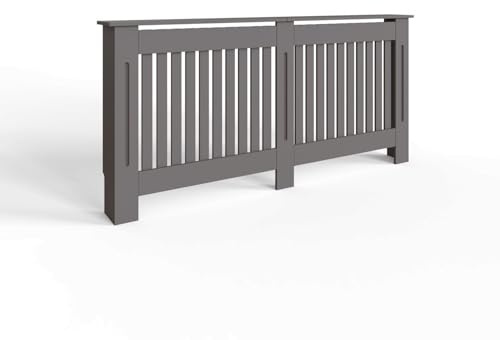 FWStyle Vertical Slat Large MDF Grey Radiator Cover – Decorative Heater Cabinet with Shelf – Modern Vertical Slat Design, Efficient Heat Flow, Curved Skirting Cut-Out – 82.3H x 172W x 19D cm