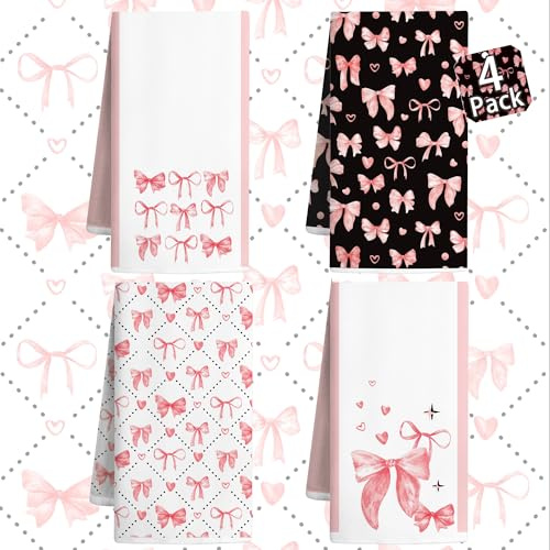 Vetoxka 4 PCS Cute Pink Bow Kitchen Towels Set-Quick Drying Valentines Day Decor Accessories Dish Hand Towel Set Tea Cloths Dishtowels for Home Decorations Mom Daughter Cooking Housewarm Novelty Gifts