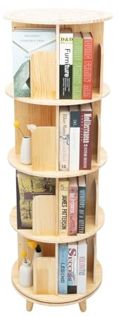 TuliperMood Estantería giratoria de 360 grados, madera de pino para habitación infantil, ahorra espacio, torre de libros independiente, estantería de almacenamiento de 4 niveles, capacidad de carga de