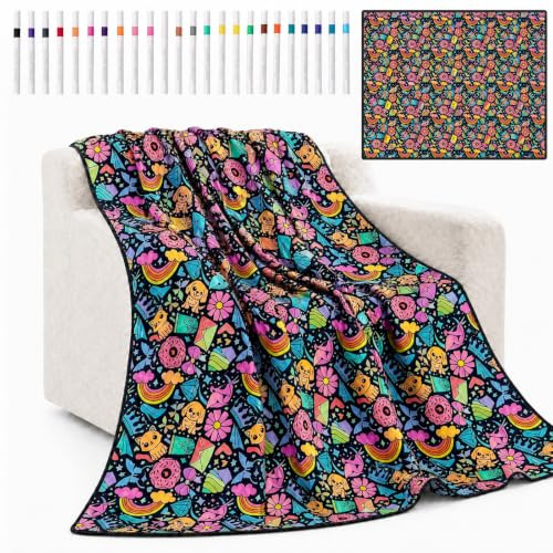 Deuson Gör-det-själv målerifilt 150 x 115 cm, färgfilt med 24 färgpenslar, filt för färgning, vuxna, för aktivitetsfester, födelsedagar och helgdagar (katter och hundar)