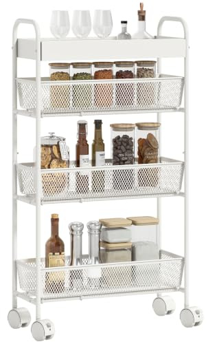 HOMCOM Chariot de Rangement à 4 Niveaux à roulettes 19 x 43,2 x 80 cm Blanc | 3 Paniers Coulissants, Panier Supérieur et Poignée, Desserte Cuisine Multifonctionnel, Chambre Salon