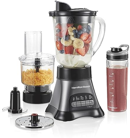 Hamilton Beach Blender and Food Processor Combo for Shakes & Smoothies, With 3 Cup Electric Food Chopper Attachment, 40 oz Glass Jar, Blender Travel Cup, 700 Watts Peak Power, Gray & Black (58163)