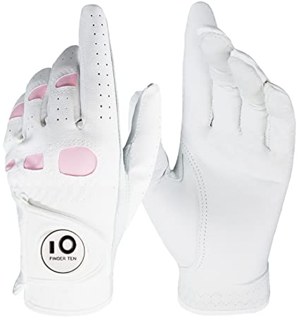 FINGER TEN Women’s Ladies Golf Gloves Left Hand Right with Ball Marker Leather Grip 1 Pack, Pink Fit Woman Girl, Size Small Medium Large XL (Medium, Left)