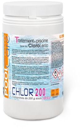 POOL CARE Chlor 200, Cloro in Pastiglie Blisterate da 200 Grammi, Tricloro 90/200 Attivo al 90%, Trattamento Acque a Lenta Dissoluzione, per Piscine - 1 Kilogrammo