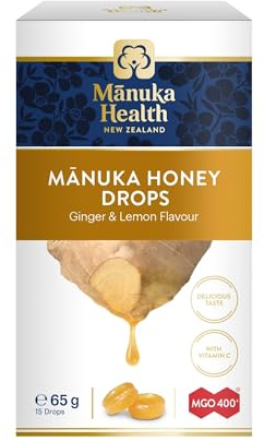 Manuka Health Manuka Honey Lozenges – Ginger and Lemon Flavour, MGO 400+ with Vitamin C, Soothing Drops for Throat Relief – Made with New Zealand Honey, 15 Lozenges