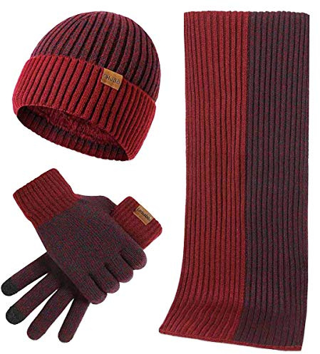 LumiSyne Invierno 3 En 1 Gorro Bufanda Guante Set Para Hombres Mujeres Jacquard Bicolor Simple De Moda Guantes De Pantalla Táctil Gorro De Punto Sombrero Beanie Bufanda Larga Lana Espesa y Suave