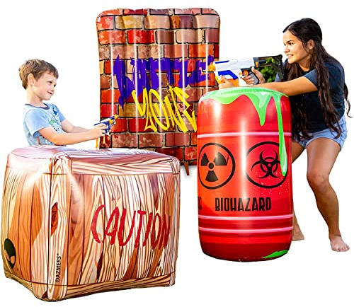 Dazmers Inflatable Battle Obstacles Set - Inflatable Bunker Fort - 3 Inflatable Barriers - Barrel, Container Box and Wall - Laser Tag, Paintball, Dart Blaster, Water and Airsoft Guns