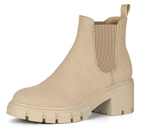 Athlefit Women's Chelsea Boots Fashion Lug Sole Chunky Heel Slip on Elastic Ankle Nude Booties Size 7