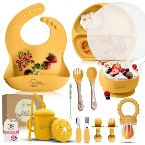 O'doe 17-Piece Baby Led Weaning Feeding Supplies for Toddlers, Baby Feeding Set | Suction Silicone Baby Bowl Self Eating Utensils with Spoons, Cup, Bibs, Food Plate Kit with Lid |Yellow V2