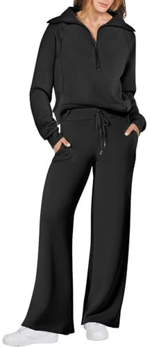 ANRABESS Women 2 Piece Outfits 2025 Fall Fashion Airport Wide Leg Pants Lounge Set Leisure Travel Vacation Clothes Sweatsuits Black Large
