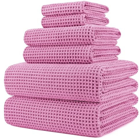 Polyte - Handtuch-Set - schnelltrocknende & fusselfreie Mikrofaser - Waffelstruktur - sehr groß - Rosa - 152 x 76,2 cm - 6-teilig