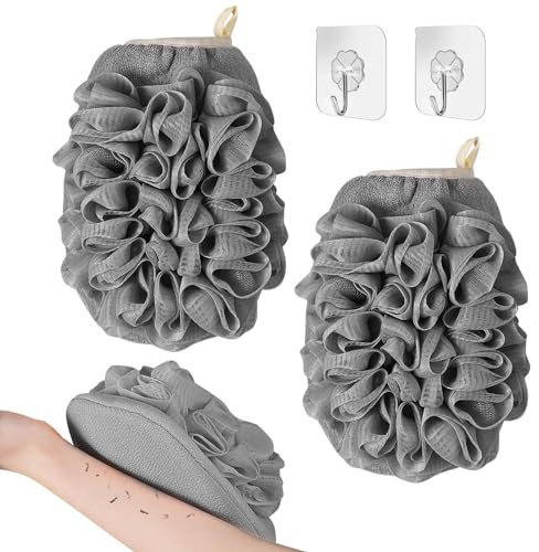 AYNKH Set di due guanti esfolianti con ganci, guanti per scrub per il corpo bifacciale con spugna da bagno al melone di seta, detergente delicato per la pelle dead skin Remover shower Puff
