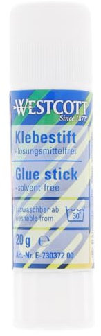 Westcott Barra de pegamento 20 g | Pegamento para manualidades con tira adhesiva transparente de 2 cm | Adhesión fuerte y duradera | 100% sin disolventes | Lavable a 30 °C | E-730372 00