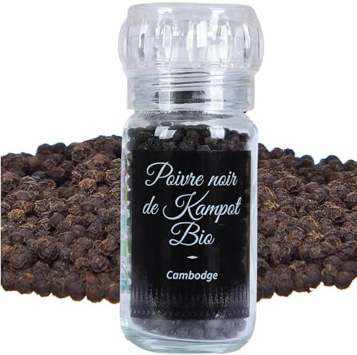 Khla - Poivre Noir de Kampot Certifié Bio 45 g - Moulin Rechargeable - Poivre en Grain - Grand Cru, Rare & Délicat - Ingrédient Cuisine Épice - Production Limitée - Origine Cambodge
