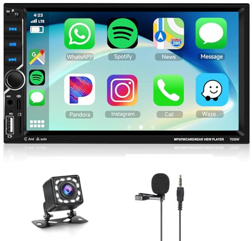 Hodozzy Wireless Carplay Android Auto 2 Din Autoradio mit USB/USB-C, 7 Zoll HD Touchcreen Multimedia Player mit Bluetooth/Mirror Link/AUX/FM Radio+Rückfahrkamera