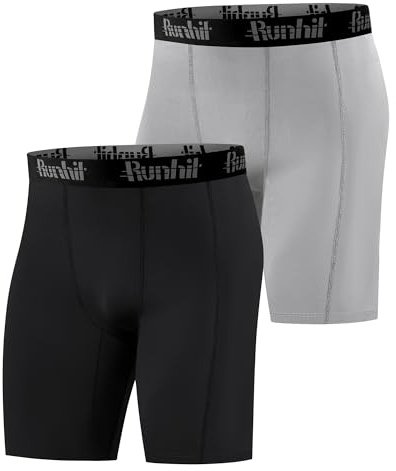 Runhit Mens Compression Shorts, 1 or 2 Pack Moisture Wicking Anti Chafing Spandex Underwear Base Layer Shorts Quick Dry Sport Tights for Cycling Running Gym Black/Grey XL