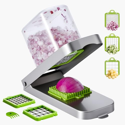 VEVOR Tritatutto per Verdure con 3 Lame in Acciaio Inox, Taglia Verdure Manuale con Contenitore, Utensili da Cucina e Strumenti Essenziali per Elettrodomestici, Strumenti per Fai da Te Facile, Argento