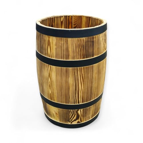 Holzfass im Antik-Look ohne Deckel – Gebranntes Holz mit Metallreifen – Rustikales Regenfass, Pflanzkübel oder Gartendeko 60 Liter