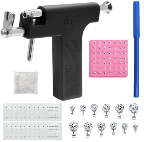 CONNECTION Pistolet Piercing Oreille Pistolet à Percer En Acier Inoxydable avec 98 Clous Perforateurs 12 Boucles D'oreilles 20 Coton D'alcool Kit Percage Oreille Pour Lobule Nez Lèvre Nombril