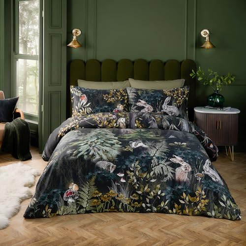 Paoletti Sherwood Forest Bettbezug-Set – Luxuriöses Bettwäsche-Set aus Baumwollsatin mit Paspelierung im Woodland Wildlife-Stil (Waldgrün/Schwarz – Einzelbett)