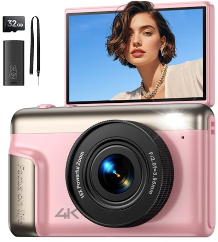 Digitalkamera 4K Fotokamera 64MP Kamera: Vlogging Fotoapparat für Videos mit 3 Klapp-Bildschirm Tragbare Batterie Kompaktkamera mit 16X Digitalzoom 32GB Karte für Kinder Anfänger Studenten (Rosa)