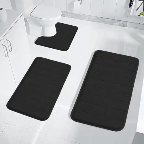 YNNHUDEEP Badezimmerteppich Set 3 Teilig - Badematte aus Korallenfleece,Badteppich rutschfest Waschba,Schwarz Badezimmer Teppich Set,Bad Teppich rutschfest Waschbar für Dusche,WC & Badewanne