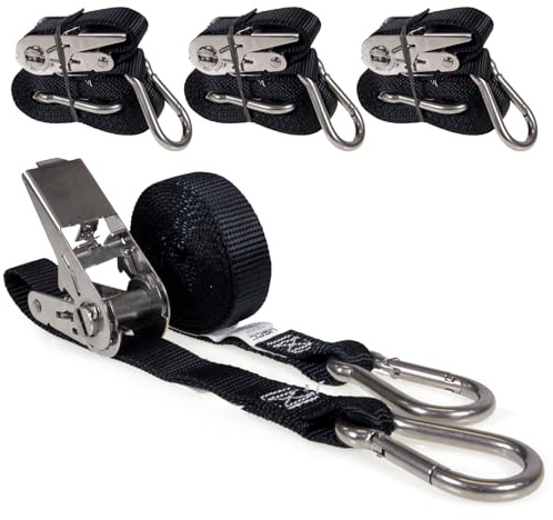US Cargo Control Stainless Steel Ratchet Straps with Carabiner Hooks 1 X 10' (4-Pack), 500 LBS Break Strength, Marine Tie Down Straps for Boats, ATVs, Trees, Camping, Snow & Saltwater Applications