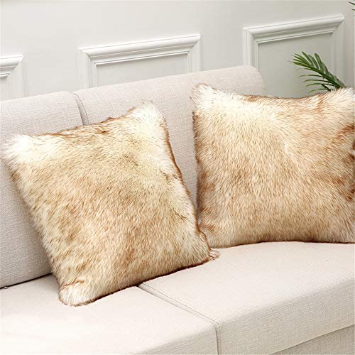 Martin Kench 2PCS Kissenbezug Kunstfell Reißverschluss Kissenhülle Kissenbezüge Fellkissen Sofakissen Fell Bezüge Kissen Hülle Sofa Deko Hüllen (Weiß braun,40 * 40cm)
