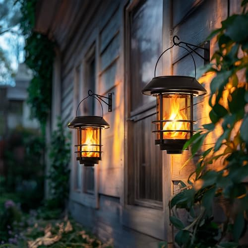 Otdair Solar Lanterns Outdoor Waterproof, 2 Pack Flickering Flames Wall Garden Decor with Glass Shade, Hanging Solar Lights Wall Mount Decorations for Halloween, Front Porch, Patio, Yard