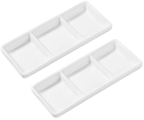 Small Ceramic Serving Platters, 2Pcs 3 Compartment Appetizer Serving Trays Snack Dishes, White Rectangular Divided Sauce Dishes for Home Restaurant Kitchen - 14.8 x 6 x 2 cm