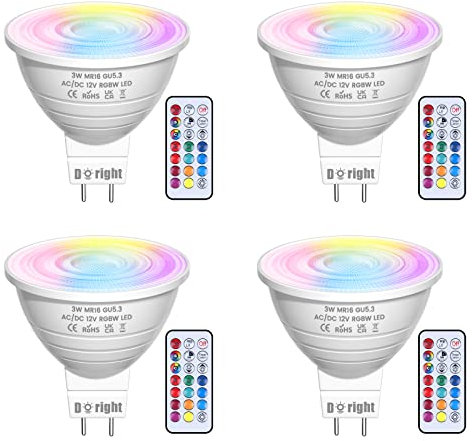 DoRight 3W MR16 GU5.3 LED RGB Lampadine, 12V Dimmerabile MR16 LED Spot Light con telecomando, 16 colori a scelta con funzione di memoria e temporizzazione, RGB + bianco caldo 3000K - 4 pezzi