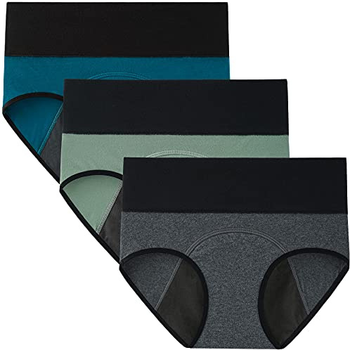 INNERSY Period Proof Underwear Women Menstrual Knickers Washable Incontinence Pants Pack of 3 (UK14, Blue/Green/Marl Grey)