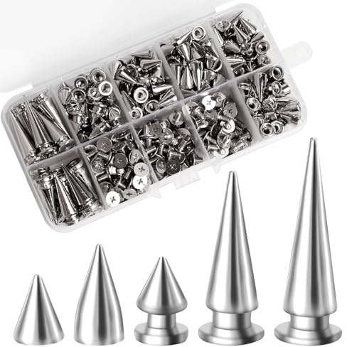 HAPY SHOP 200 Sets Cone Spikes and Studs Silver Screwback Studs Rivets Metal Tree Spikes Studs Punk Spikes for Leather Craft Clothing Shoes Accessories DIY Craft Decoration,Multiple Sizes in a Box