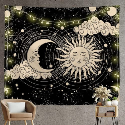 Arawat Tapiz Sol Luna Negro Oro Alfombra Psicodélica Gótica Trippy Tela para Colgar Pared Decoración de Pared Boho (150 x 130cm)