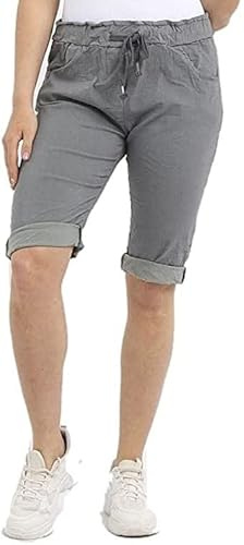 Women's Ladies Stretch Plain Knee Lenght Magic Comfy Lagenlook Elasticated Waist Shorts with Drawstring and Pockets