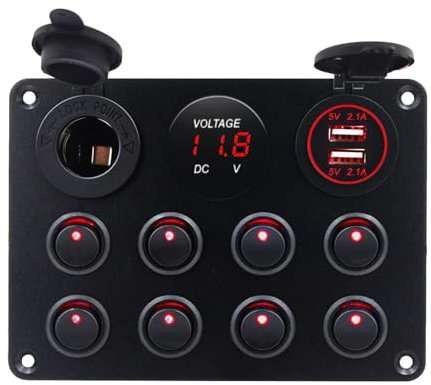 KAOLALI 8 Gang Kippschalter 12V/24V Wippschalter Panel mit USB-C, USB-Ladegerät + Feuerzeugsteckdose + Digitales Voltmeter, ON-Off Schalter Panel für Wohnmobile, Boote, Autos, Motorhaus (Rosa LED)