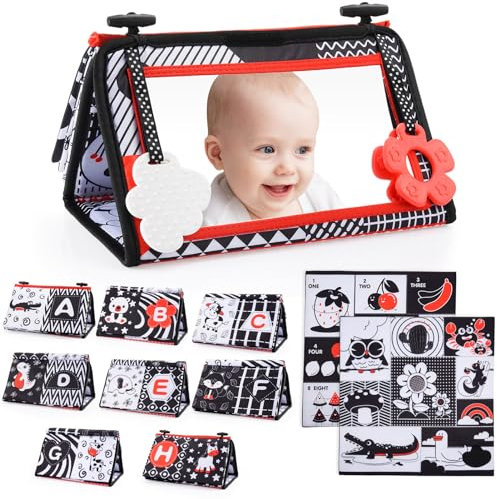 HappyGoLucky Baby Spielzeug 0-12 Monate, Baby Spiegel mit Knisterbuch Kontrast Schwarz Weiss Bauchlage Spielzeug Kontrastbuch Baby Sensorik Montessori Spielzeug Baby Weihnachten Geschenke zur Geburt