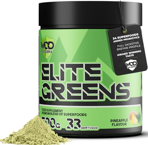 Elite Greens Powder - WOD Powders | 34 Vegan Superfoods - Natural Freeze-Dried Ingredients, Greens, Fruits, Berries, Vegetables, Prebiotics, Probiotics & Digestive Enzymes - 500g (Pineapple)