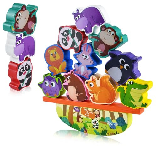 Bloques de Construcción de Madera Animales,Juego de Equilibrio de Madera,Apilable Animales Bloques de Construcción Juguete,Montessori Equilibrio Apilamiento Bloques Construccion para 3+ Años niños
