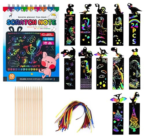 SSKHE Ensemble de Papier à gratter Arc-en-Ciel pour Enfants, 1 Packs Scratch Art Livres Et 12 pièces Marque Pages à gratter, Papier a gratter Arc en Ciel pour Étiquettes Cadeaux Bricolage