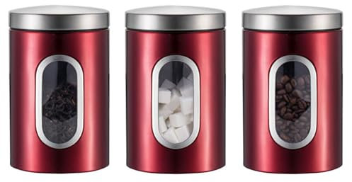 kiss me 3 Pcs Kitchen Canister Set，Stainless Steel Food Storage Jar With Window Coffee Tea Sugar Caddy Container For Home, Kitchen, Counter (Red)