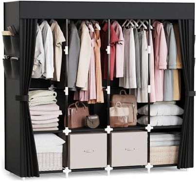 Mavivegue Clothes Organizer with 4 Hanging Rods, Portable Closet Wardrobe, Non-Woven Fabric Cover, Large Capacity Storage for Bedroom and Living Room,Black, 67 W x 17 D x 67 H