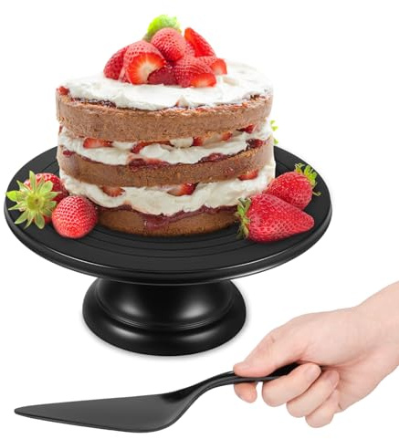 Eyoulife Piatto per torta con piedino, diametro 30 cm, con paletta per torte, portata stabile, per feste di compleanno, matrimoni, bambini, luna piena, banchetti, feste (nero)